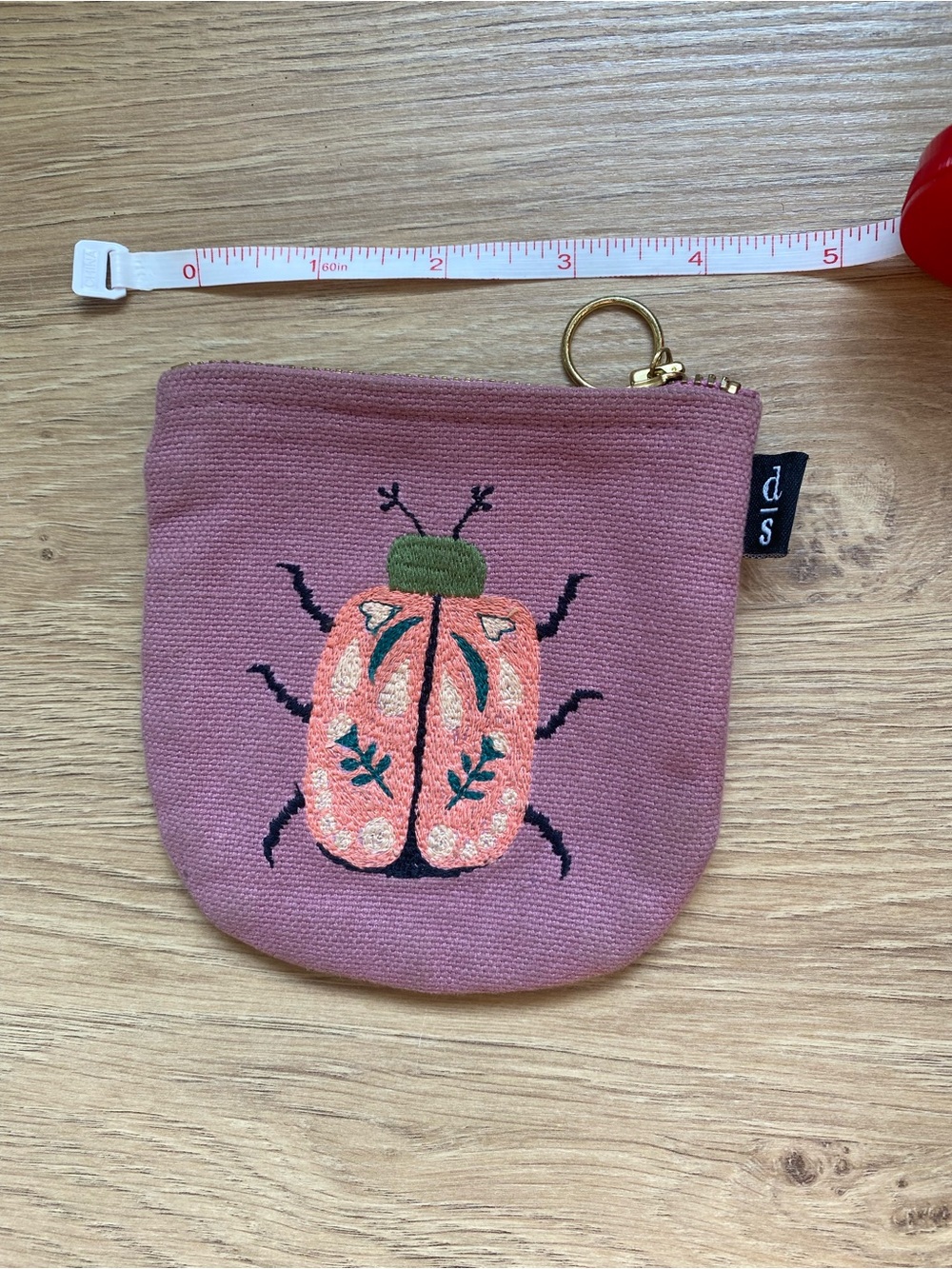 Pink Embroidered Beetle Cotton Coin Pouch - Picture 8 of 8